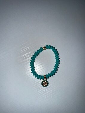 Rustic Cuff Teal Bead Stretch Bracelet with Gold Accent Charm